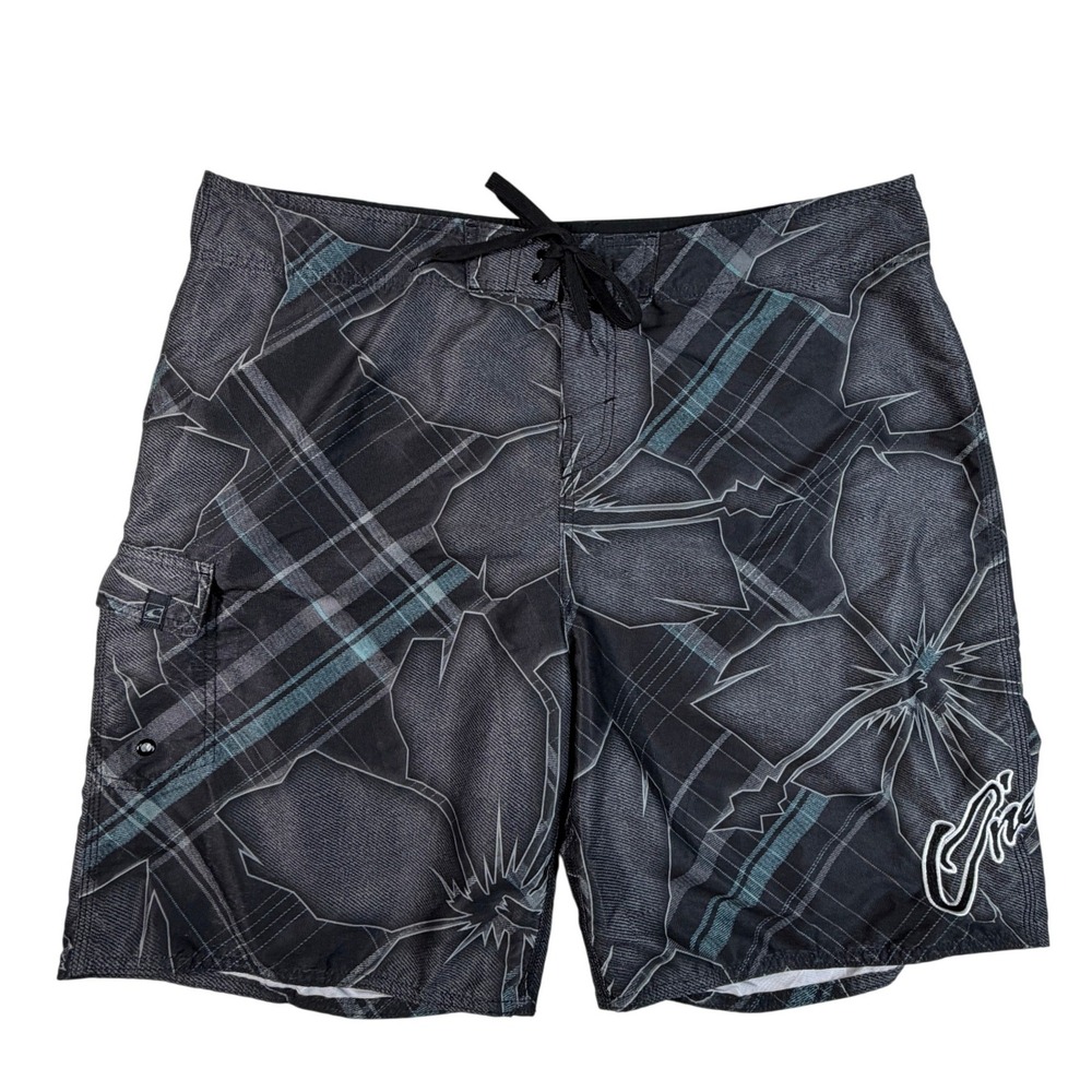 Y2K Oneill Mens Board Shorts Size 40 Black Gray‎ Plaid Floral Cargo Swim Trunks